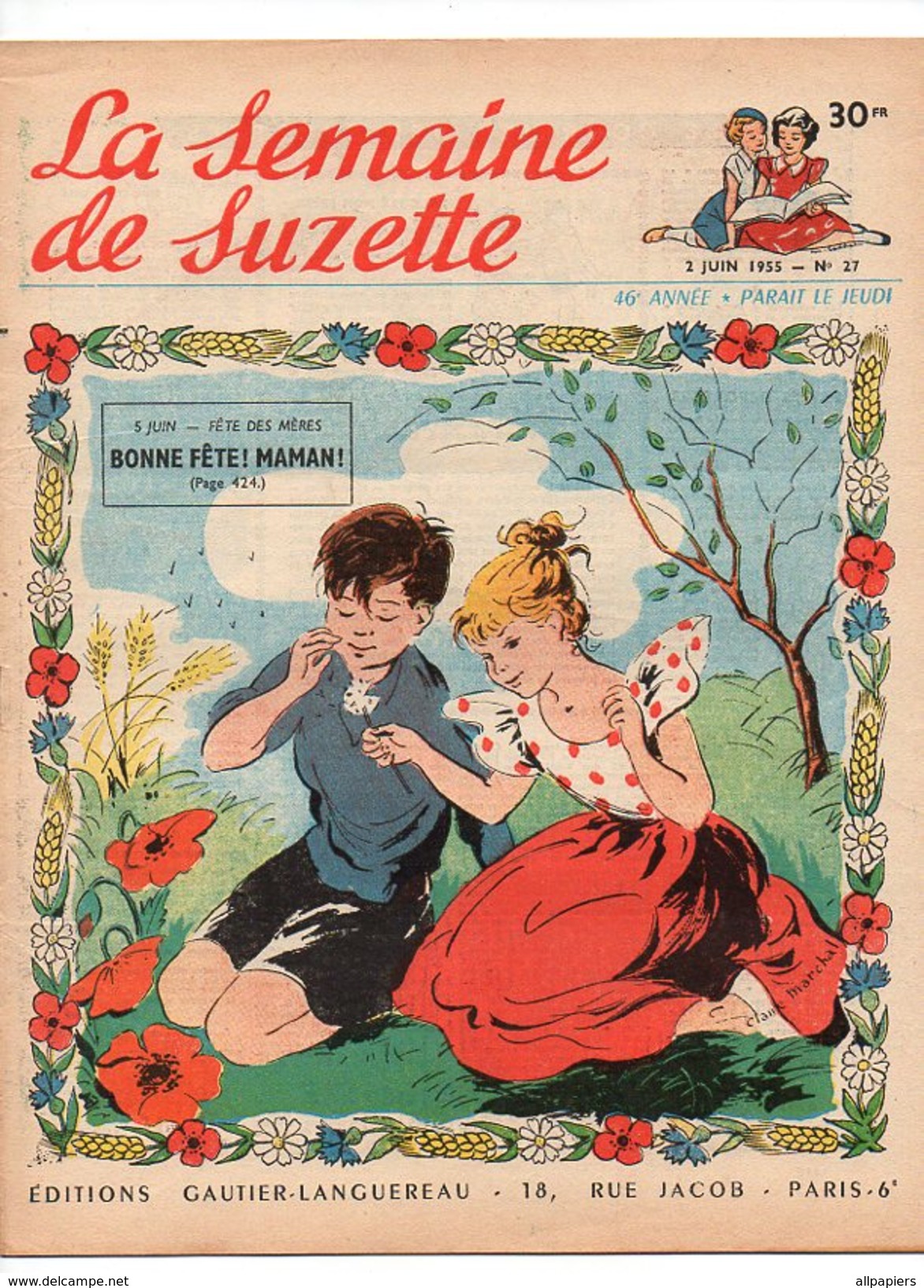 La Semaine De Suzette N°27 Bonne Fête Maman - Patron Bonnet Trois Passes Et Barboteuse Pour Bambino De 1955 - La Semaine De Suzette