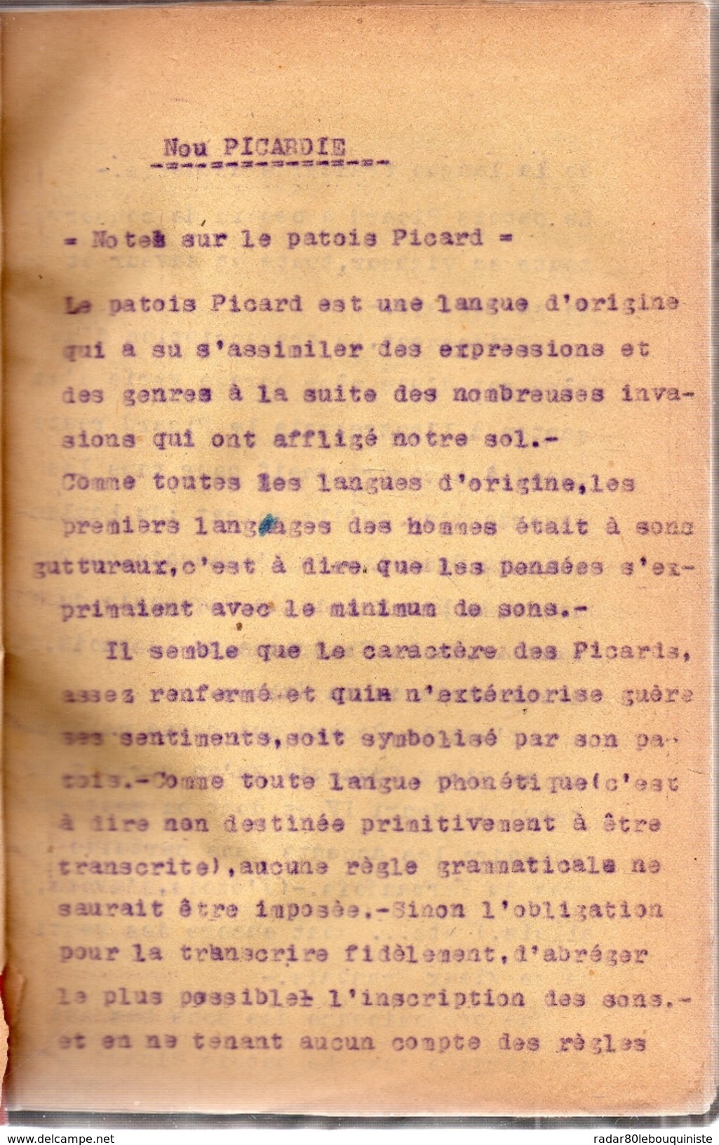 Tapuscrit En Picard.ECHOS DE PICARDIE Par ROGER CAGNON,né à HAM En 1897,SOMME (1914-1918).174 Pages.vers 1945-1950. - Manuscrits