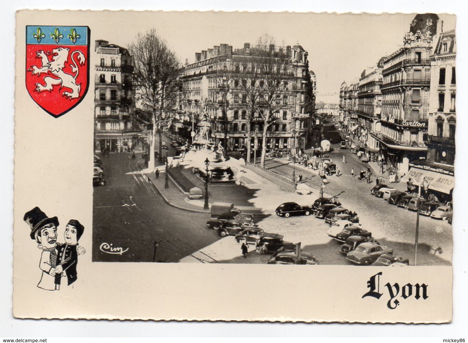 LYON 2° -- Place De La République--Rue Président Carnot (très Animées,voitures),blason-dessin Guignol--pas Très Courante - Lyon 2