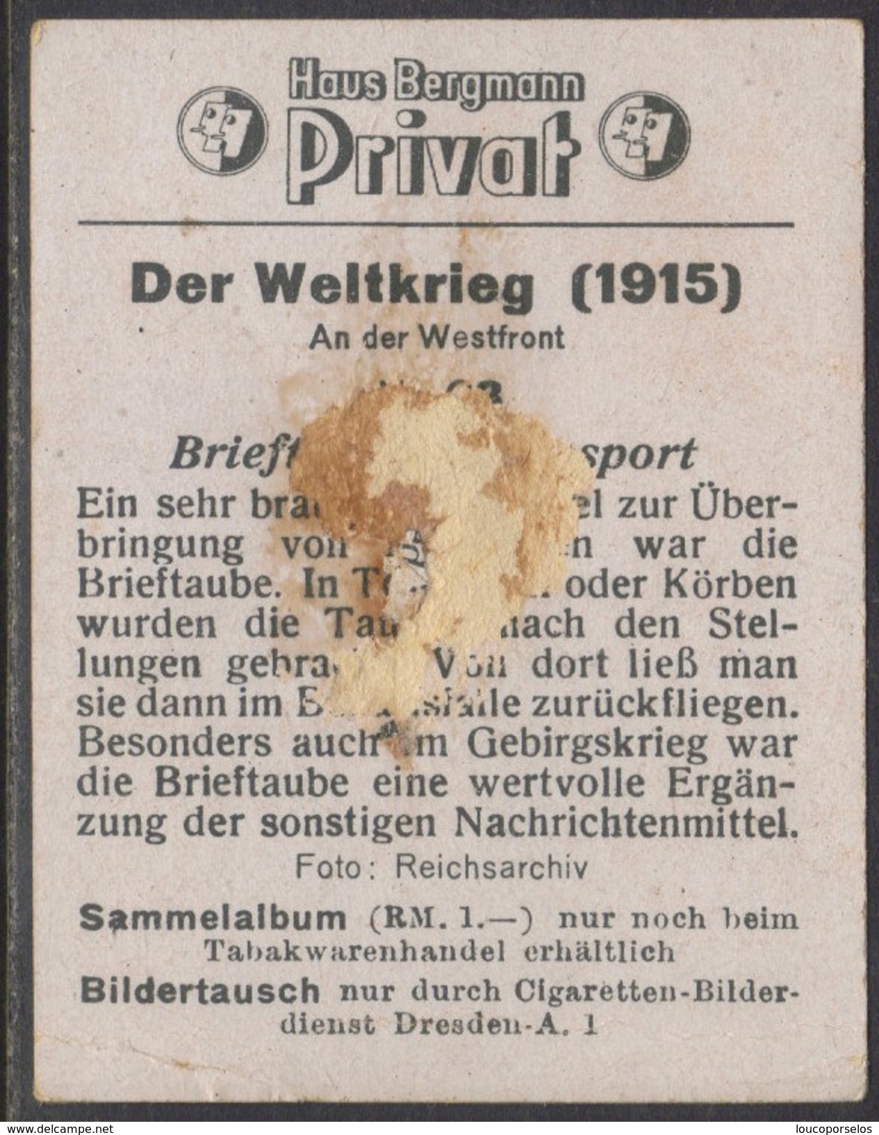 11305 Alemanha Figurinha 1ª Guerra Mundial Pombo-correio Vinham Em Maços De Cigarro - Armee