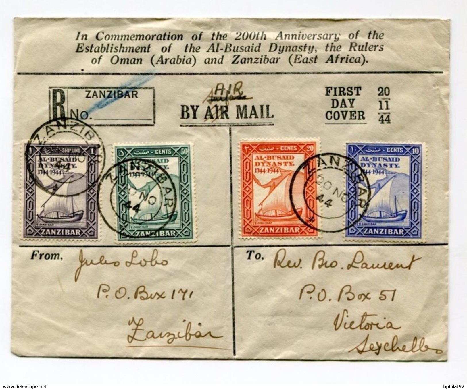 !!! LETTRE DE POSTE AERIENNE DE ZANZIBAR POUR LES SEYCHELLES 1944 - Zanzibar (...-1963)