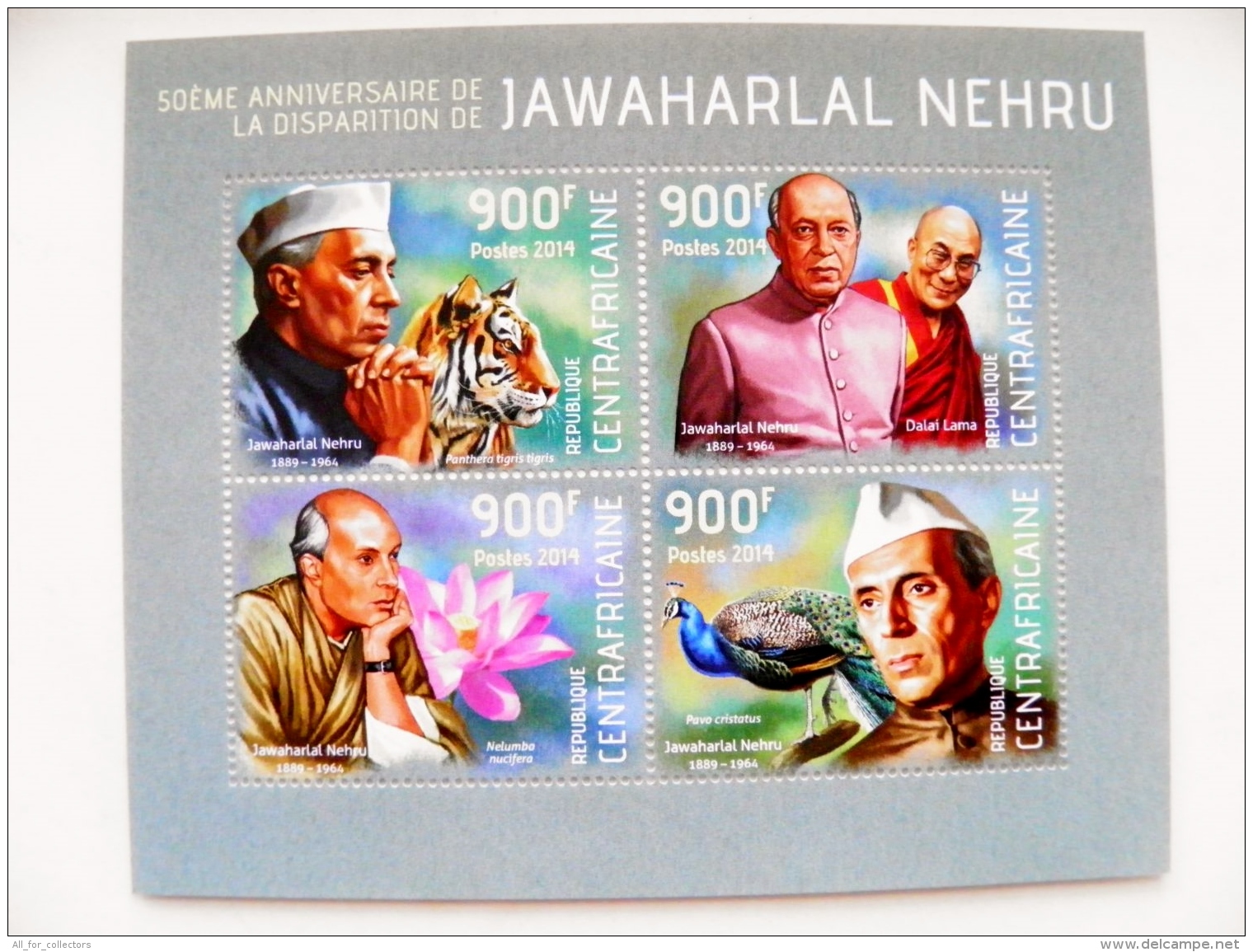 SALE! Centrafricaine 2014 M/s Jawaharlal Nehru India Dalai Lama Animals Tiger Peacock - Centrafricaine (République)