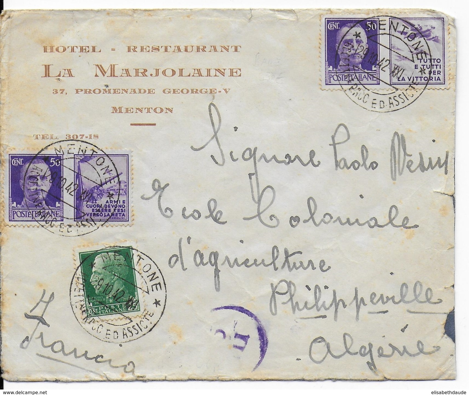 1942 - OCCUPATION ITALIENNE En FRANCE - RARE ENVELOPPE De MENTON Avec CENSURE => PHILIPPEVILLE (ALGERIE) - 2. Weltkrieg 1939-1945