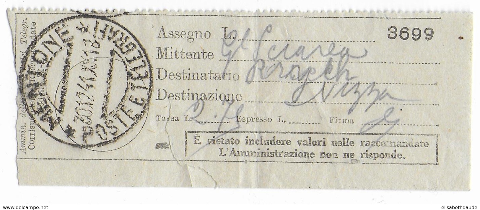 1941 - OCCUPATION ITALIENNE En FRANCE - RARE RECU De DEPOT De RECOMMANDE De MENTON => NICE - 2. Weltkrieg 1939-1945