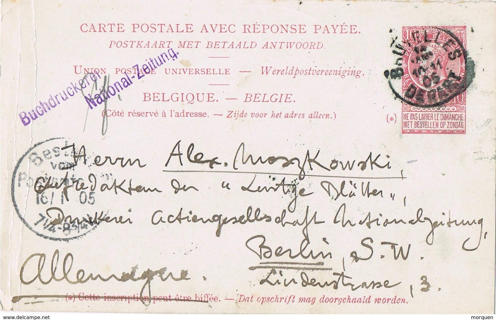 23736. Entero Postal BRUXELLES Depart (Belgien) 1905. NATIONAL ZEITUNG Lineal - Internationale Antwortscheine