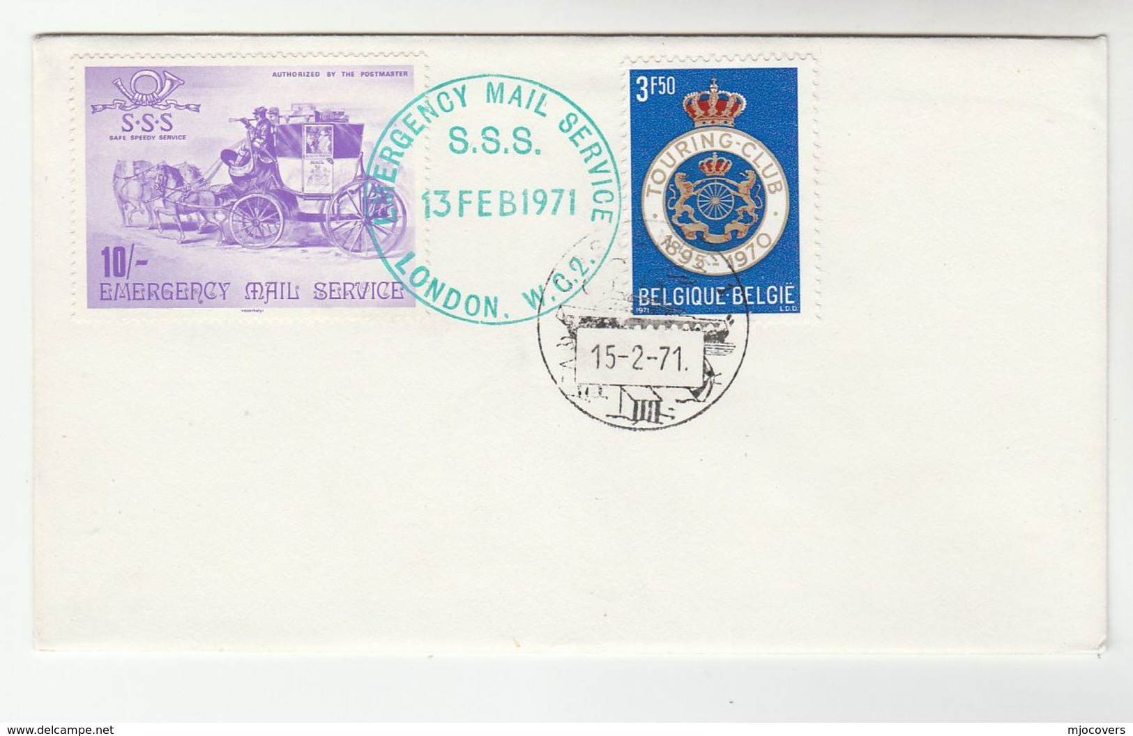 1971 GB POSTAL STRIKE COVER 10/-  SSS SAFE SPEEDY SERVICE Label  Great Britain BELGIUM Heraldic Lion Stamps - Cinderellas