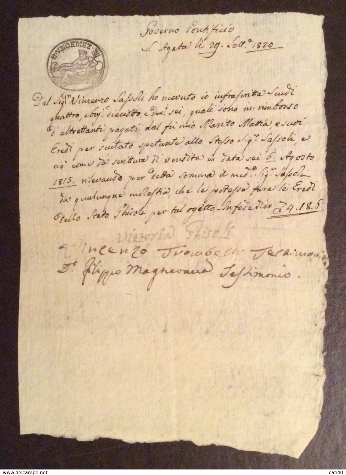 GOVERNO PONTIFICIO S.AGATA 29/9/1820 MANOSCRITTO IN CARTA BOLLATA BAJ UNO E MEZZO CON FIRME AUTOGRAFE - Manuscrits