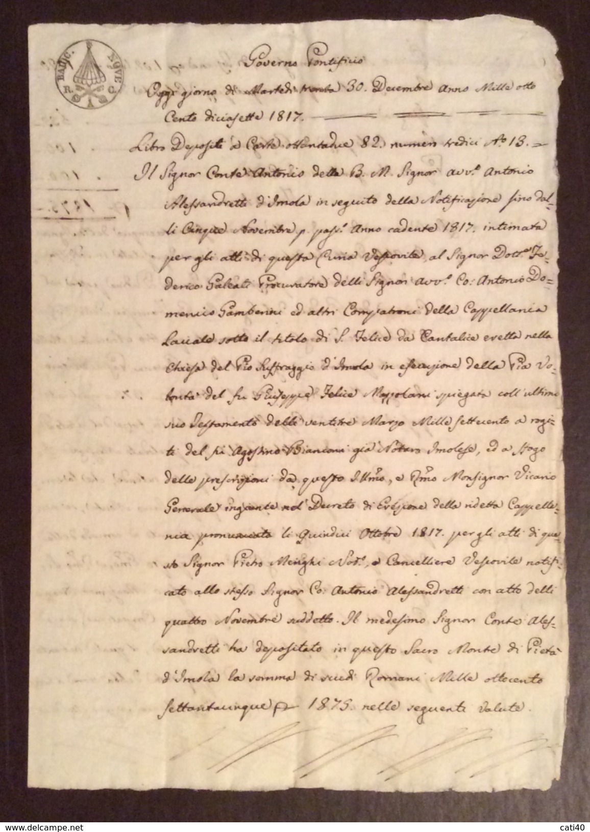 GOVERNO PONTIFICIO IMOLA 30/12/1817  MANOSCRITTO IN CARTA BOLLATA BAJ NOVE  CON FIRME AUTOGRAFE E TABELLIONATO - Manoscritti