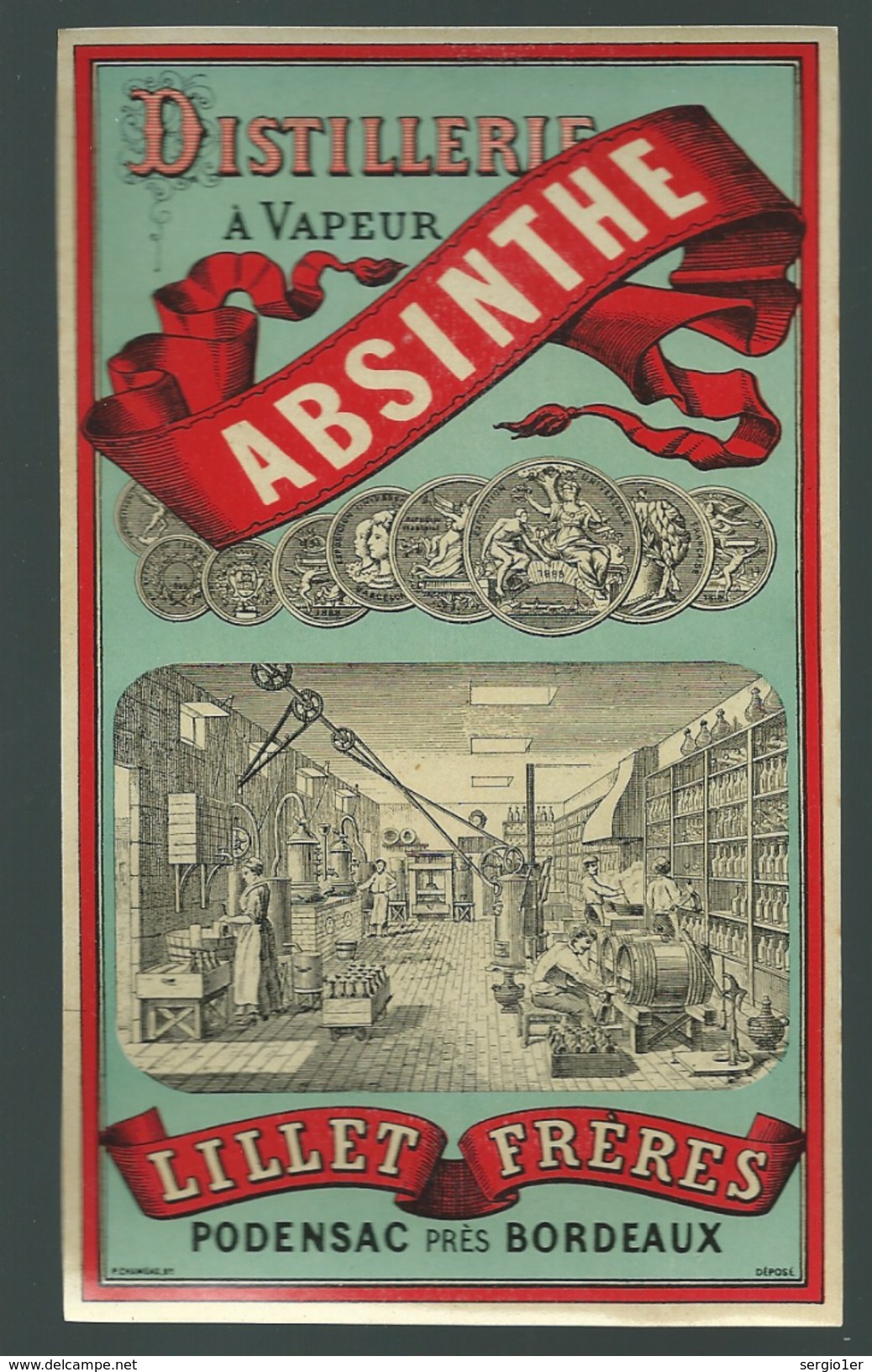 Superbe Etiquette  Absinthe  Distillerie à Vapeur  Lillet Frères  Podensac Près Bordeaux  étiq Vernissée Année 1895 - Alcohols & Spirits