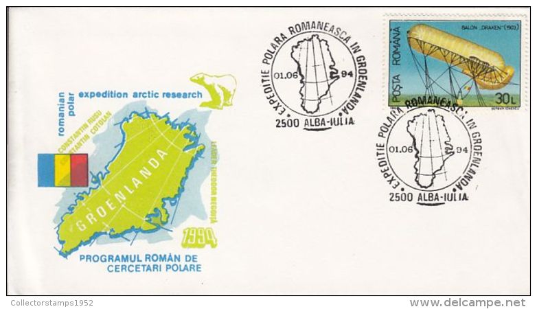 58231- ROMANIAN ARCTIC EXPEDITION, GREENLAND, POLAR BEAR, SPECIAL COVER, DRAKEN BALLOON STAMP, 1994, ROMANIA - Arctische Expedities