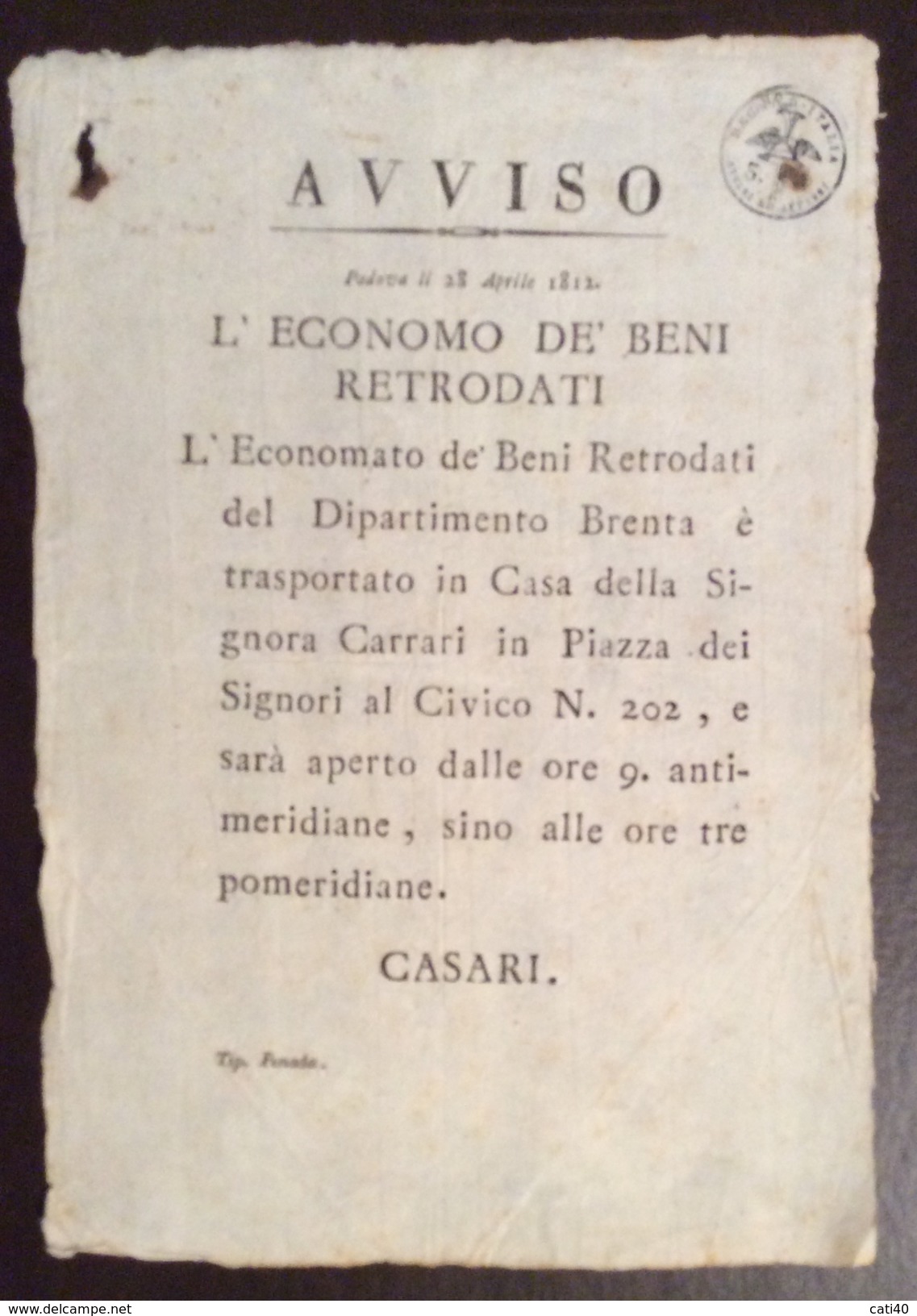 REGNO D'ITALIA  PADOVA 28/4/1812 MANIFESTO ( 20X29) DIPARTIMENTO DEL BRENTA BENI RETRODATI IN BOLLO 3cent. - Manoscritti