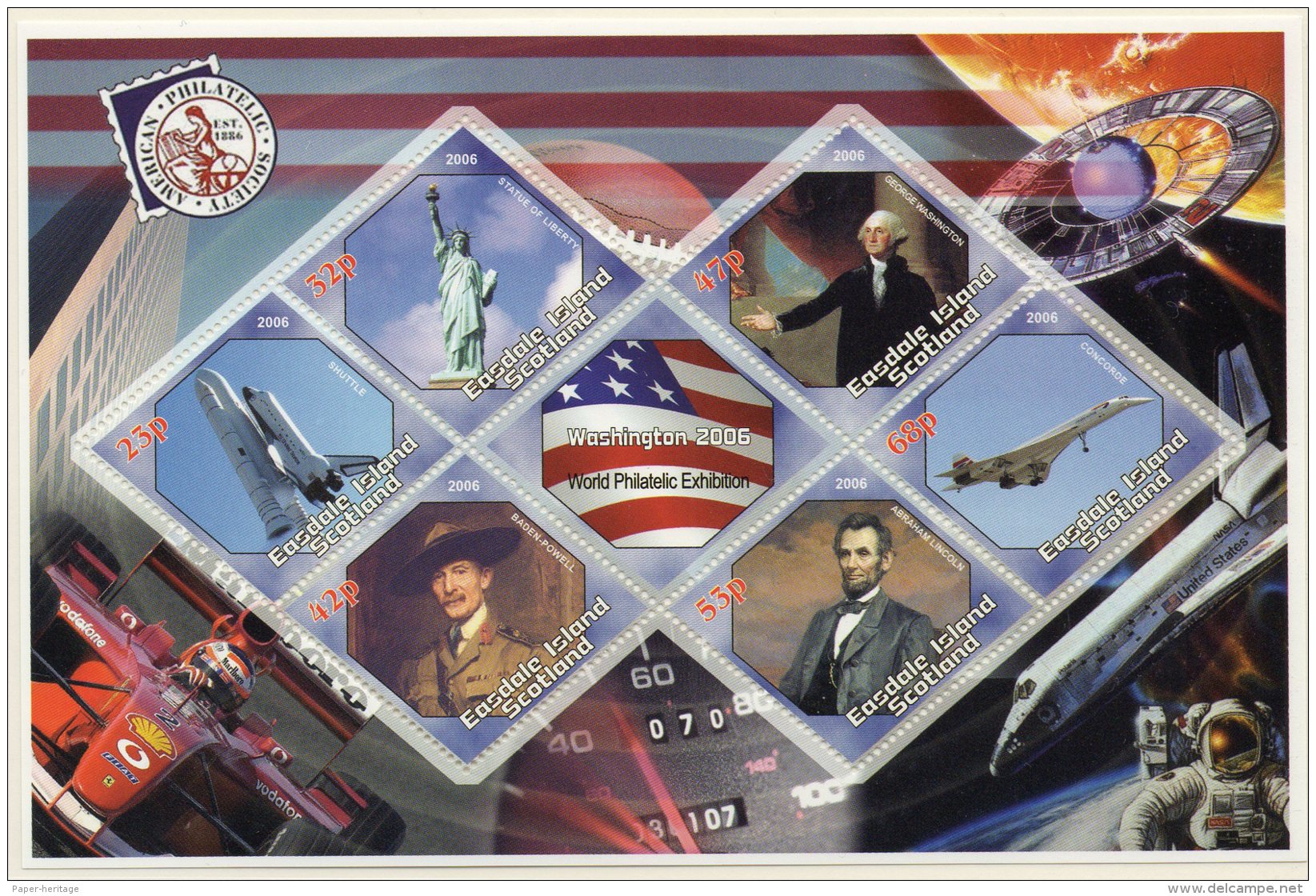 Easdale Island 2006 Statue Of Liberty, Space Shuttle, George Washington, Baden-Powell Scouts, Abraham Lincoln, Concorde - Concorde