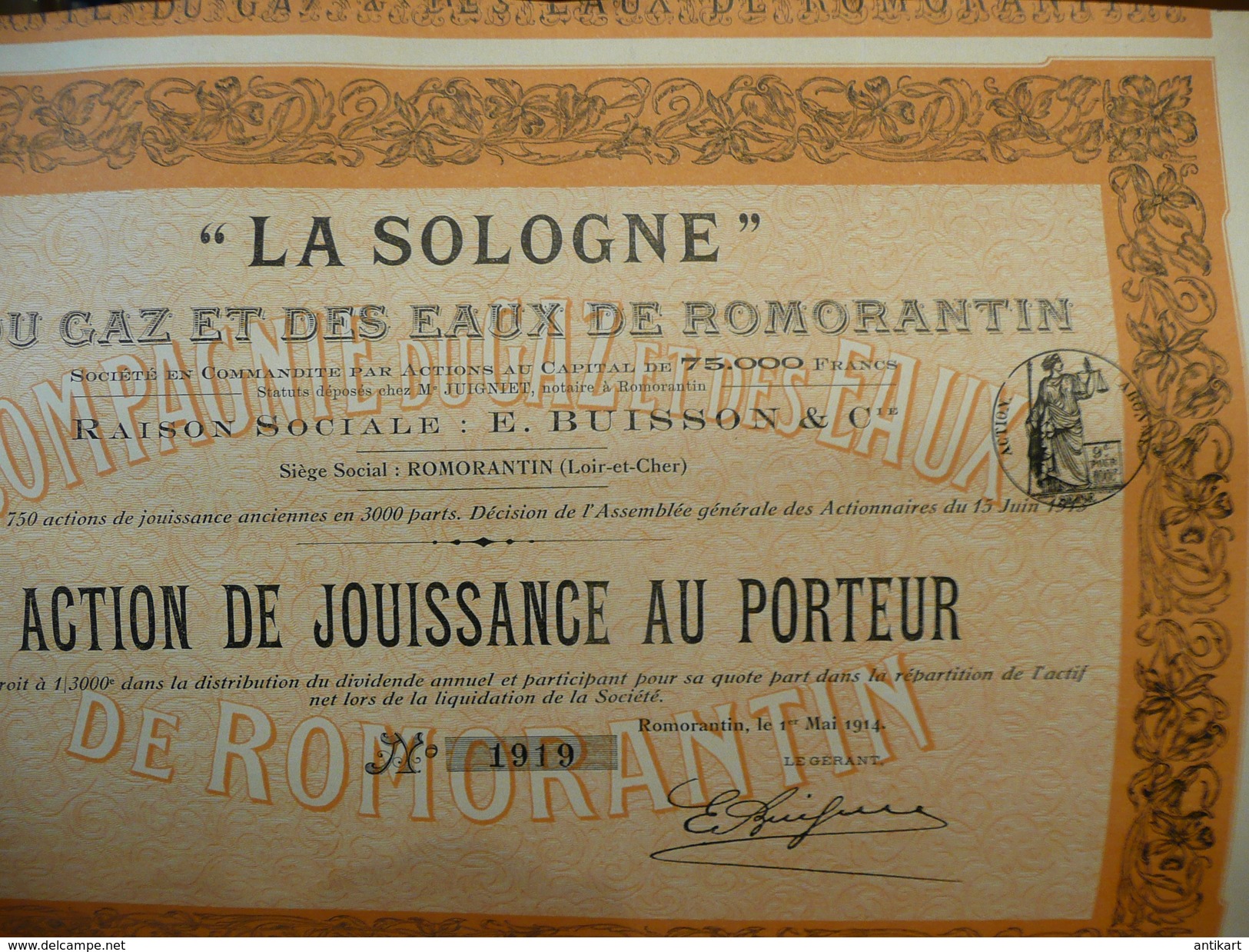 "La Sologne" Cie Du Gaz Et Des Eaux De Romorantin Action De Jouissance Au Porteur 1914 - Electricité & Gaz