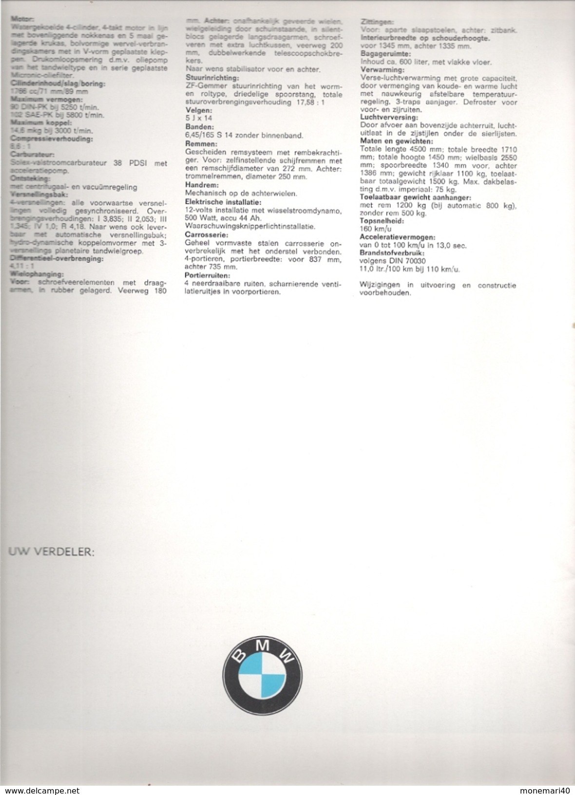 BMW 1800 - GRAND PROSPECTUS (TEXTE NEERLANDAIS). - Publicités