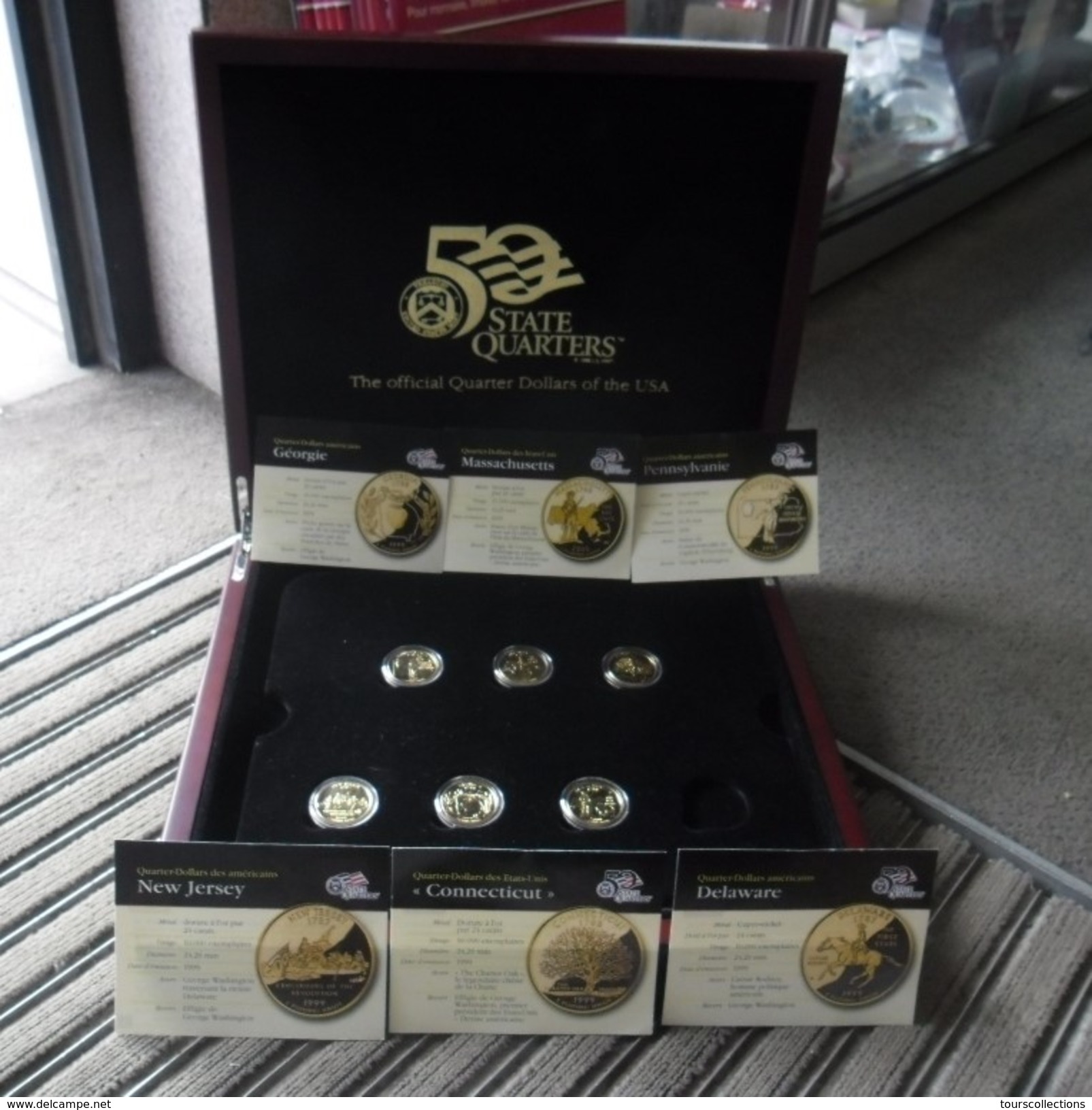 COFFRET De 6 Quarters Dollars USA  Dorés OR FIN De 1999 Et 2000 Série Dollar Commemoratif Et Certificats - Collections