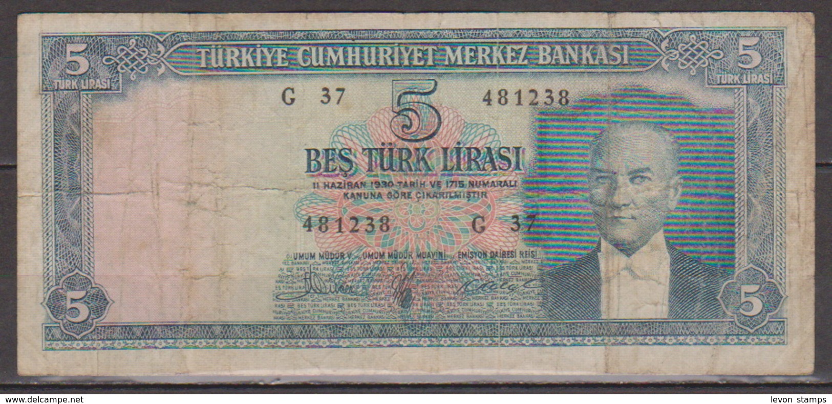 Turkey,Kemal Ataturk 1930(4-1-1965) Five Turk Lirasi,No´174,G. - Turchia