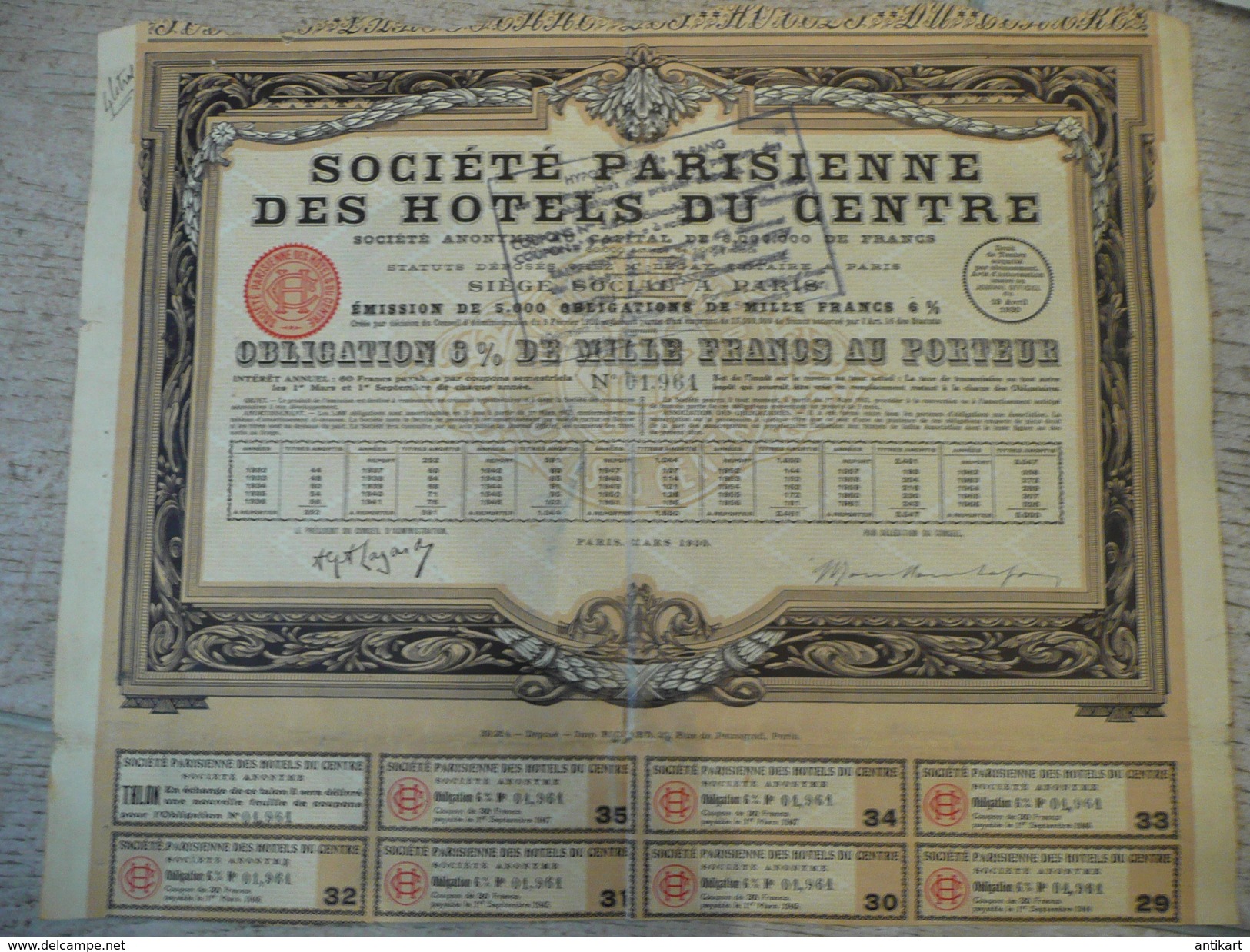 Société Parisienne Des Hôtels Du Centre - Obligation De 6% De 1000 F Au Porteur 1930 - Tourisme