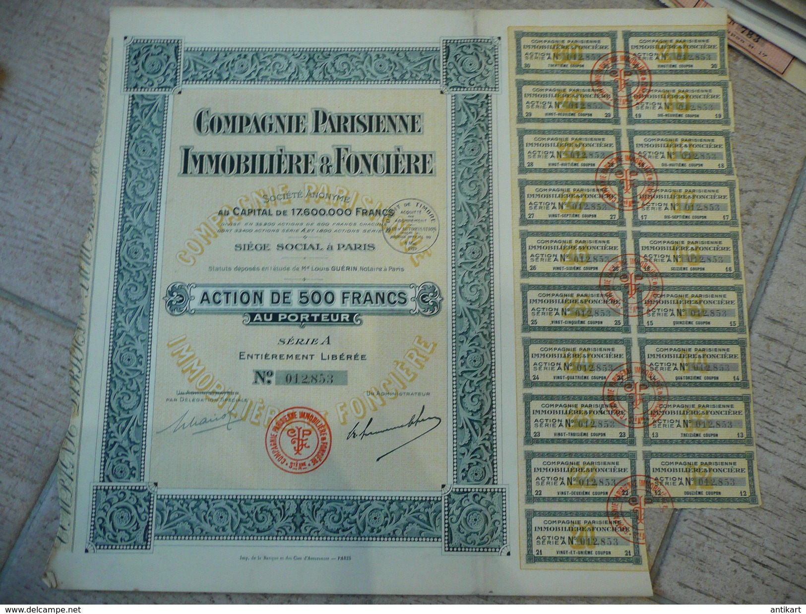 Compagnie Parisienne Immobilière Et Foncière 1929 Action De 500 F Série A - Toerisme