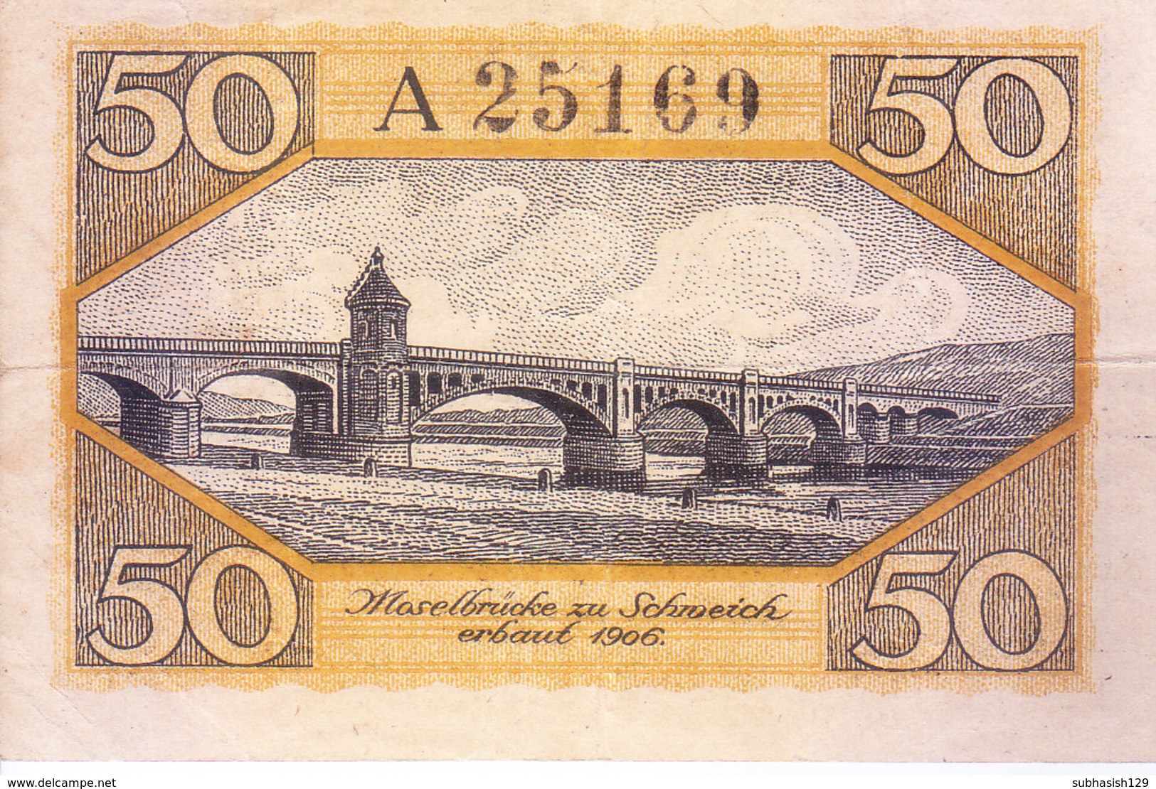 REICH GERMANY / NAZI GERMANY 1920 CINDERELLA OR BANK NOTE - 50 PFENNING, IMAGE OF 1906 BRIDGE ON BACK SIDE - Other & Unclassified