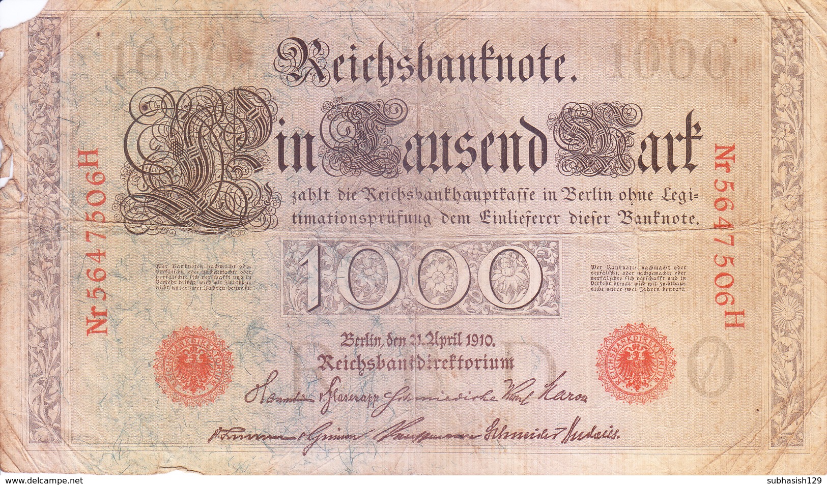 REICH GERMANY / NAZI GERMANY - BANK NOTE - 1910 - 1000 MARK - 1000 Mark