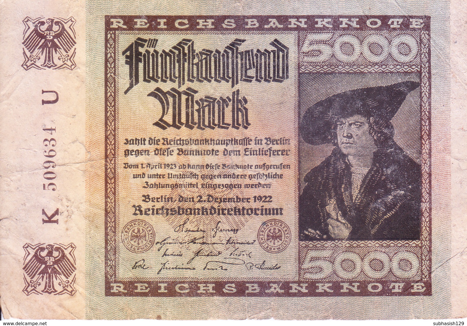 REICH GERMANY / NAZI GERMANY - BANK NOTE - 1922 - 5000 MARK - Andere & Zonder Classificatie