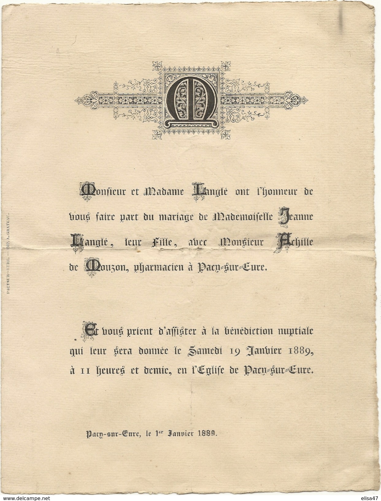 27  PACY  SUR  EURE FAIRE PART DE MARIAGE  19  JANVIER 1889  A  PACY SUR  EURE - Boda