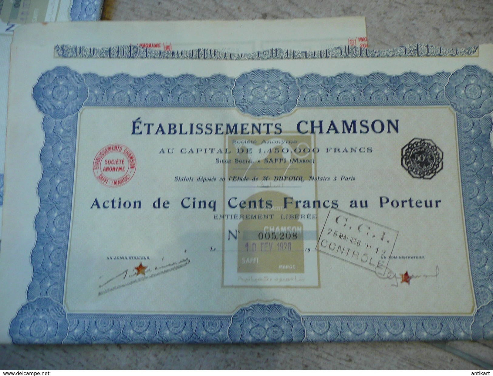 RARE - MAROC - Saffi - Action 500 F Au Porteur Chamson 1928 - Annulé 1956 - Africa