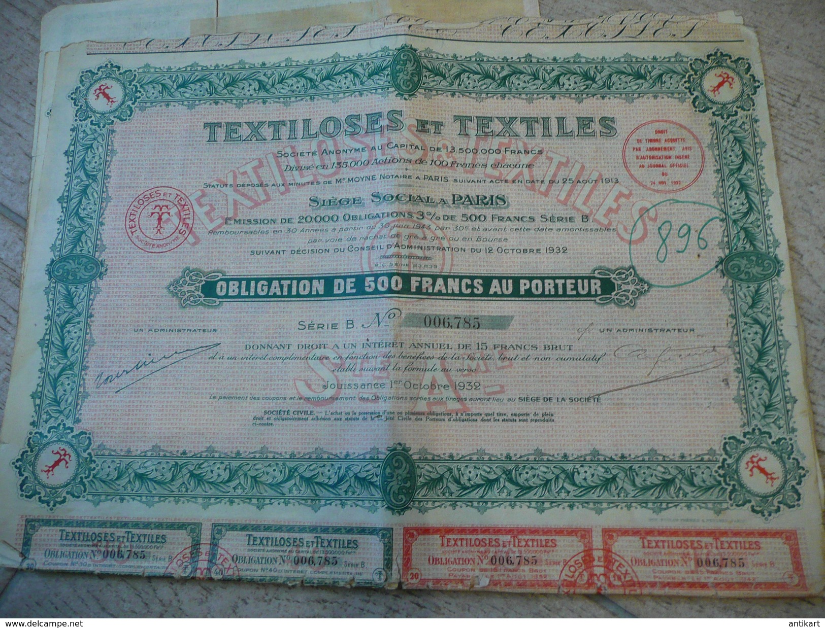 Textiloses Et Textiles Obligation De 500f - Paris 1932 - Textile