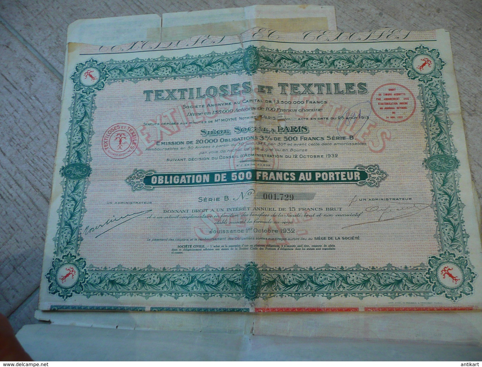Textiloses Et Textiles Obligation De 500f - Paris 1932 - Textiel