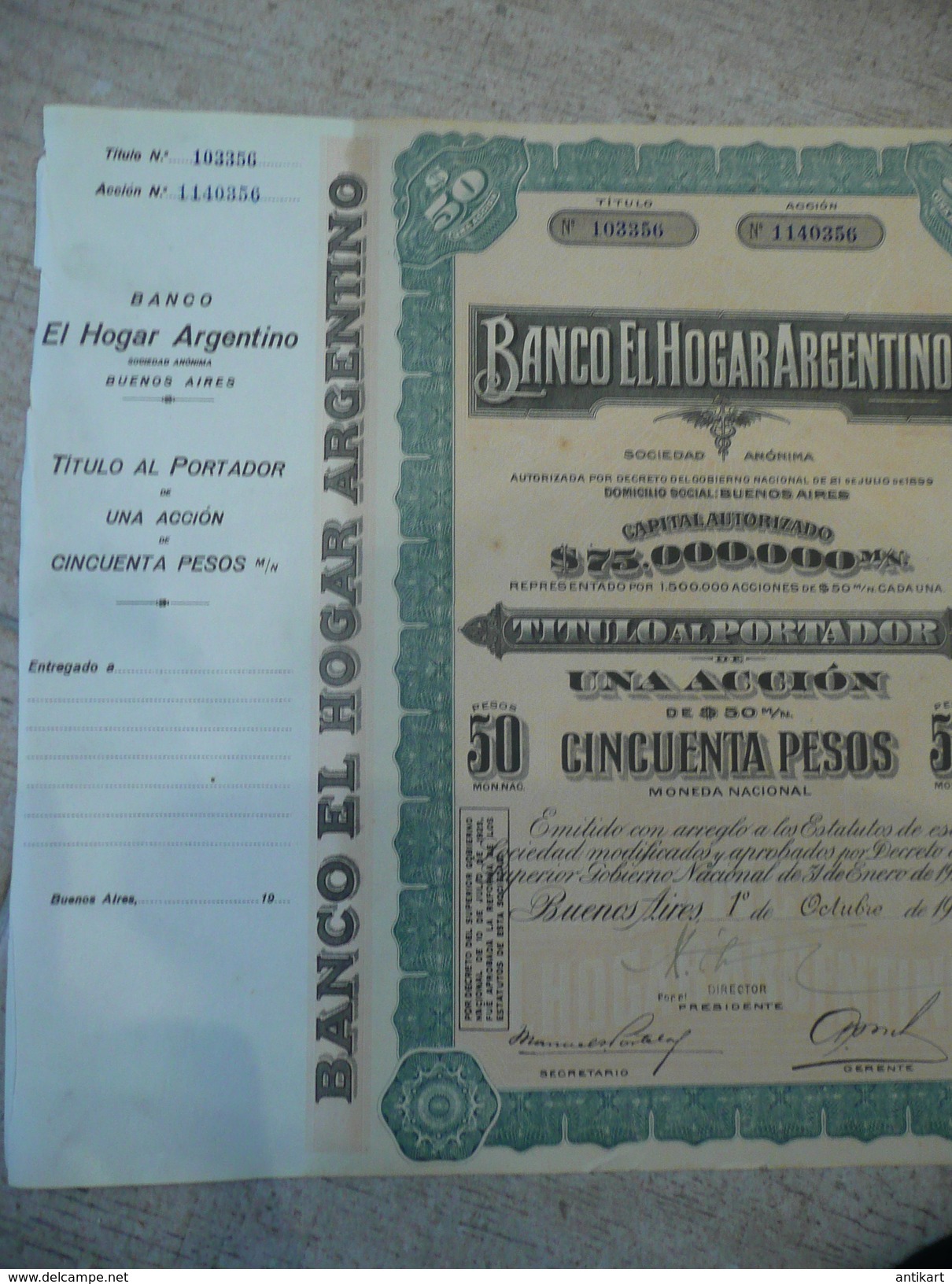 Rare, Avec Talon - Banco El Hogar Argentino Action De 50 Pesos - Buenos Aires 1924 - Bank & Insurance