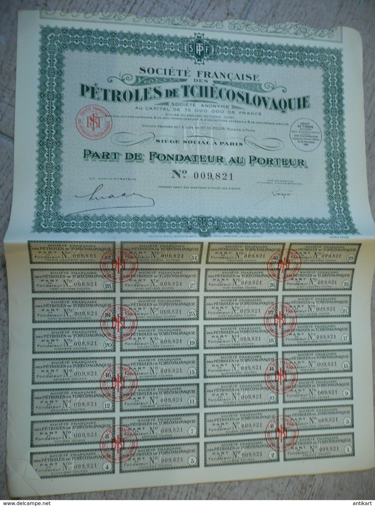 Société Française Des Pétroles De Tchécoslovaquie - Part De Fondateur 1930 - Petrolio