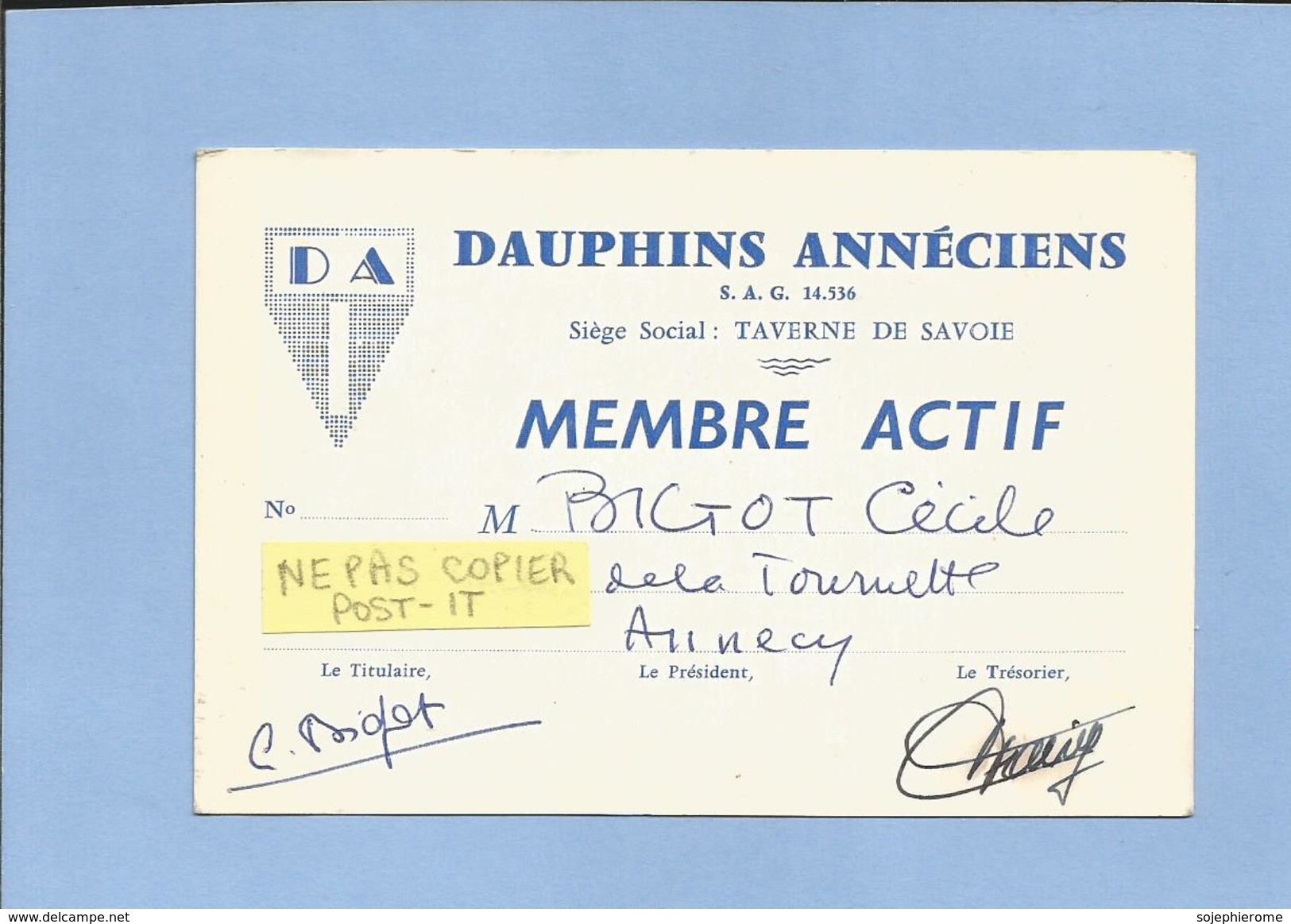 Carte De Membre Actif Annecy Dauphins Annéciens Taverne De Savoie Bigot Cécile 14 Quai De La Tournette 2 Scans 1959 - Andere & Zonder Classificatie