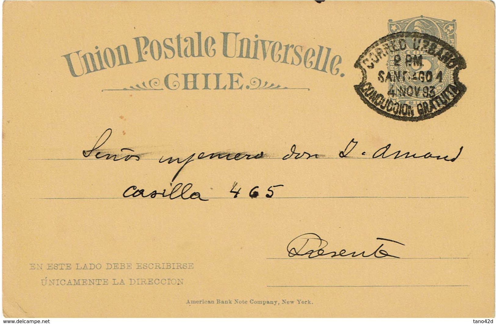 BR39 - CHILI EP CP OBL. CORREO URBANO CONDUCCION GRATUITA SANTIAGO 4/11/1893 - Chili