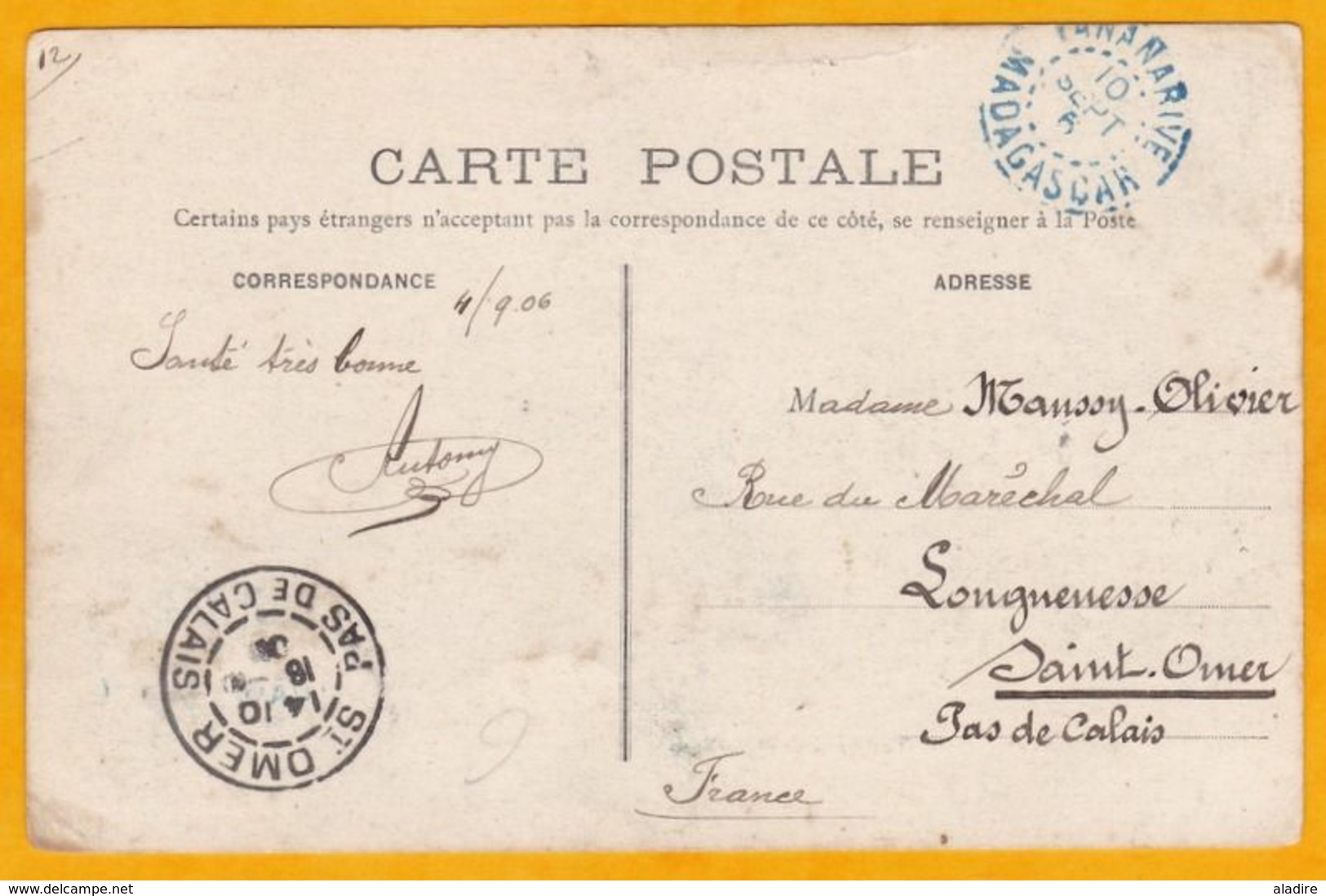 1906 - CP De Tananarive, Madagascar Colonie Vers St Omer, France - Affrt 5 C  Palmier - Vue Tombeau De Rainiharo - Cartas & Documentos