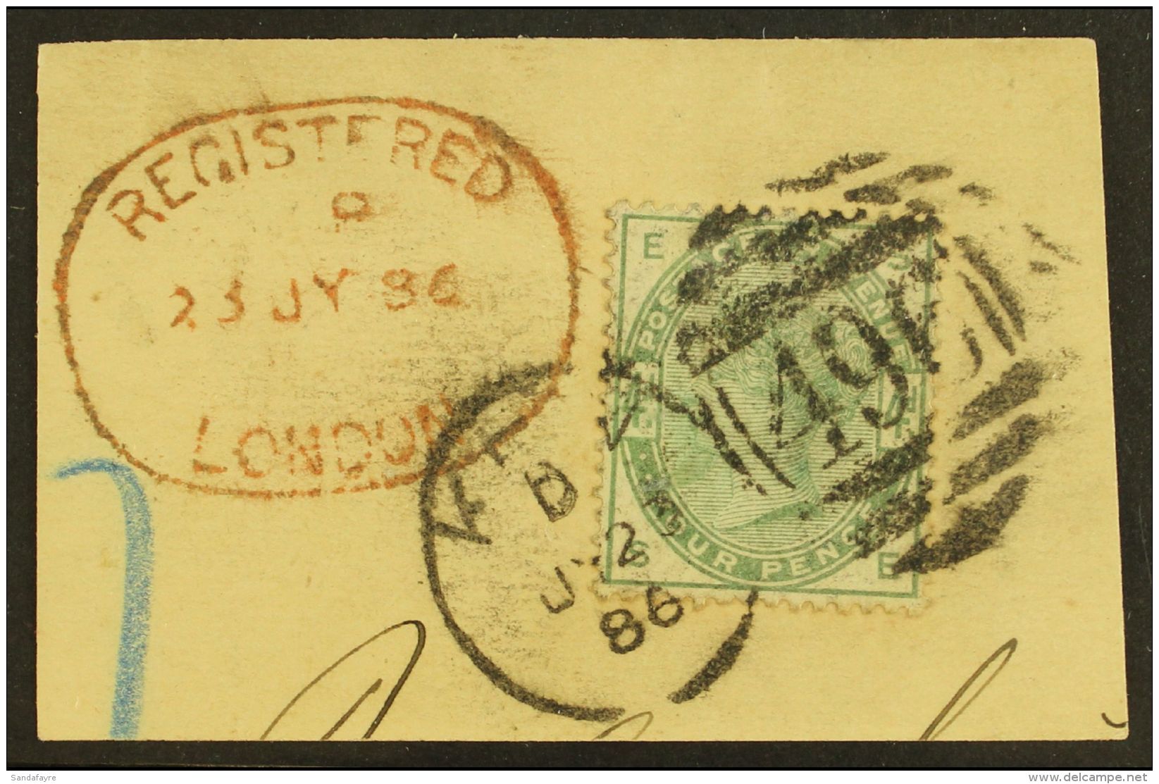 1884 4d Dull Green, SG 192, Used, Tied To Large Neat Piece By KEW Cds+numeral Pmk With Red Registered London Oval... - Other & Unclassified