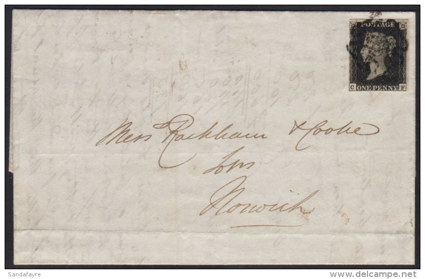 1841 1d BLACK Plate 5, Lettered 'CF' 3&frac12; Good Margins Tied To A Neat 1841 (march) Entire, London To Norwich... - Unclassified