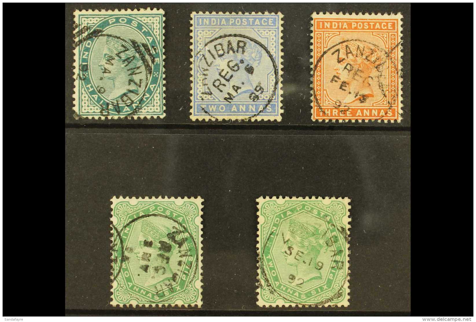 INDIA USED IN 1882-95 SELECTION On A Stock Card. Includes 1882-90 &frac12;a, 2a, 3a &amp; 1891 2a6p Shades X2. An... - Zanzibar (...-1963)