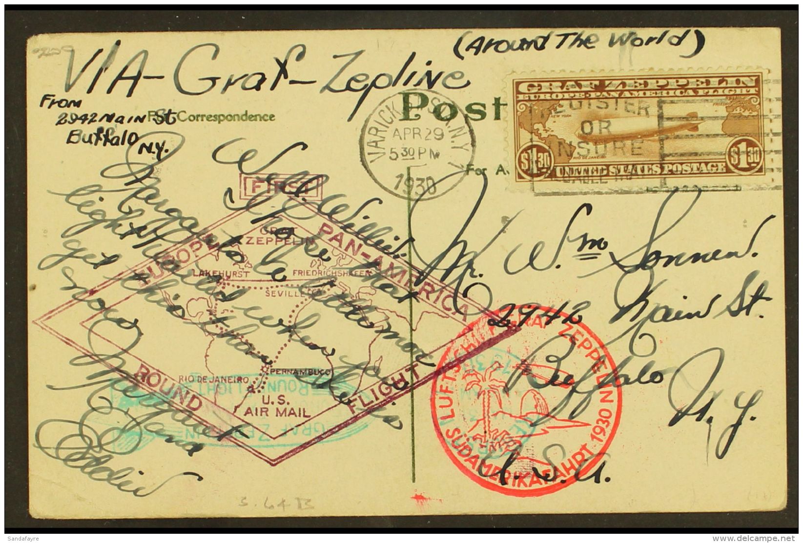 1930 (Apr 29) Picture Postcard Bearing Very Fine AIR Graf Zeppelin $1.30 Brown (Sc C14, SG A687) Tied By Slogan... - Other & Unclassified