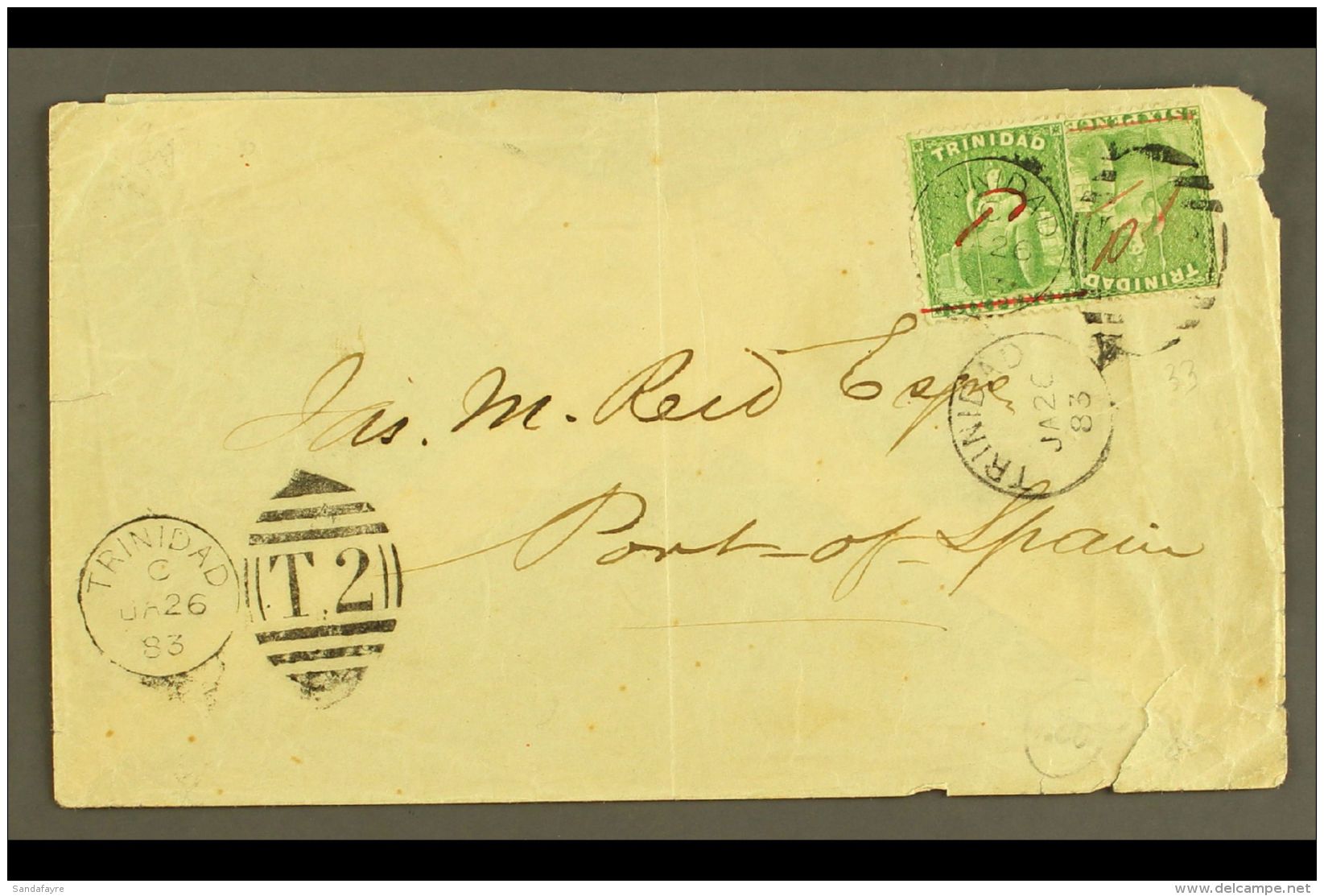 1883 (26 Jan) Cover Addressed Locally, Bearing Two Different Types Of 1882 1d On 6d Manuscript Surcharges (SG... - Trinidad & Tobago (...-1961)