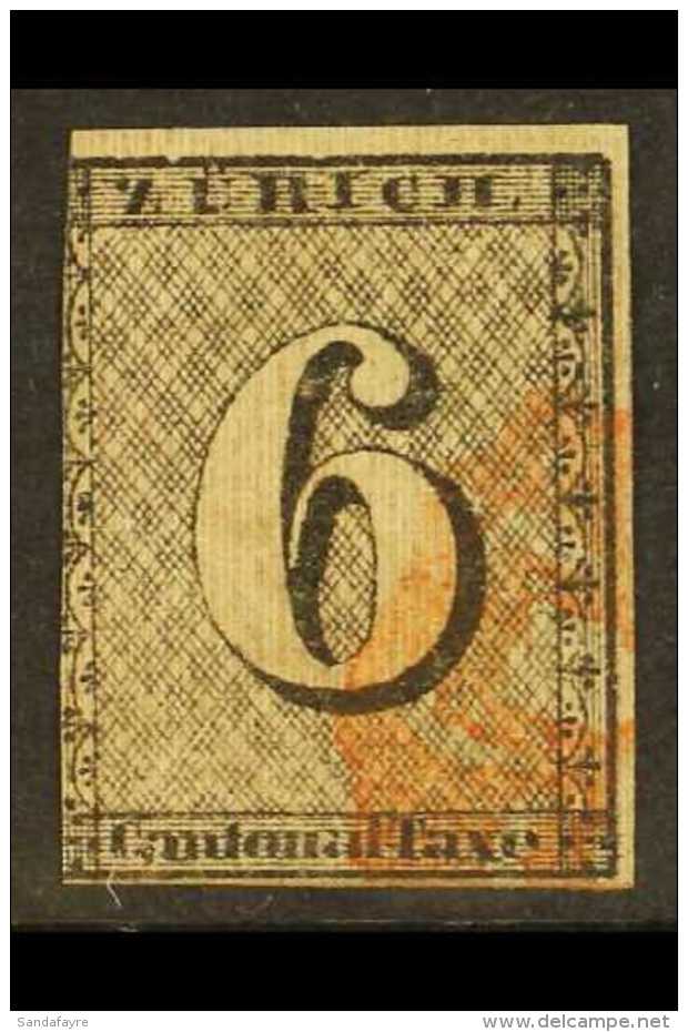 1843 ZURICH 6r Black With Vertical Lines Type 2 (Michel 2 I, SG Z5), Used, Three Margins, Cat &pound;2,000. For... - Other & Unclassified