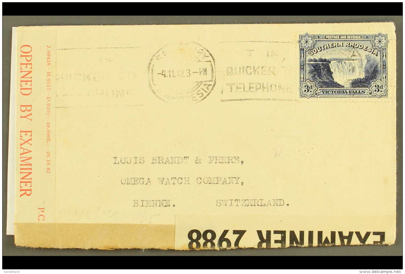 1942 TRIPLE CENSOR COVER Plain Cover Addressed To Omega Watch Company In Switzerland, Censored By S. Rhodesia,... - Southern Rhodesia (...-1964)