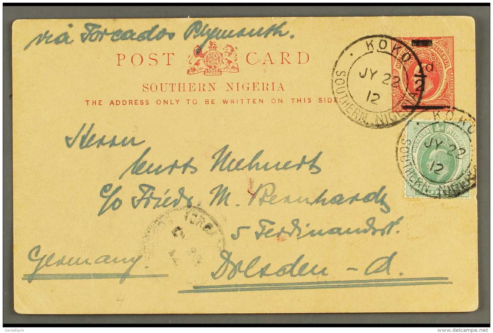 KOKO 1912 "&frac12;d" On 1d Postal Stationery Card To Germany Uprated &frac12;d Ed VII Both Tied By Koko Jy 22 12... - Nigeria (...-1960)