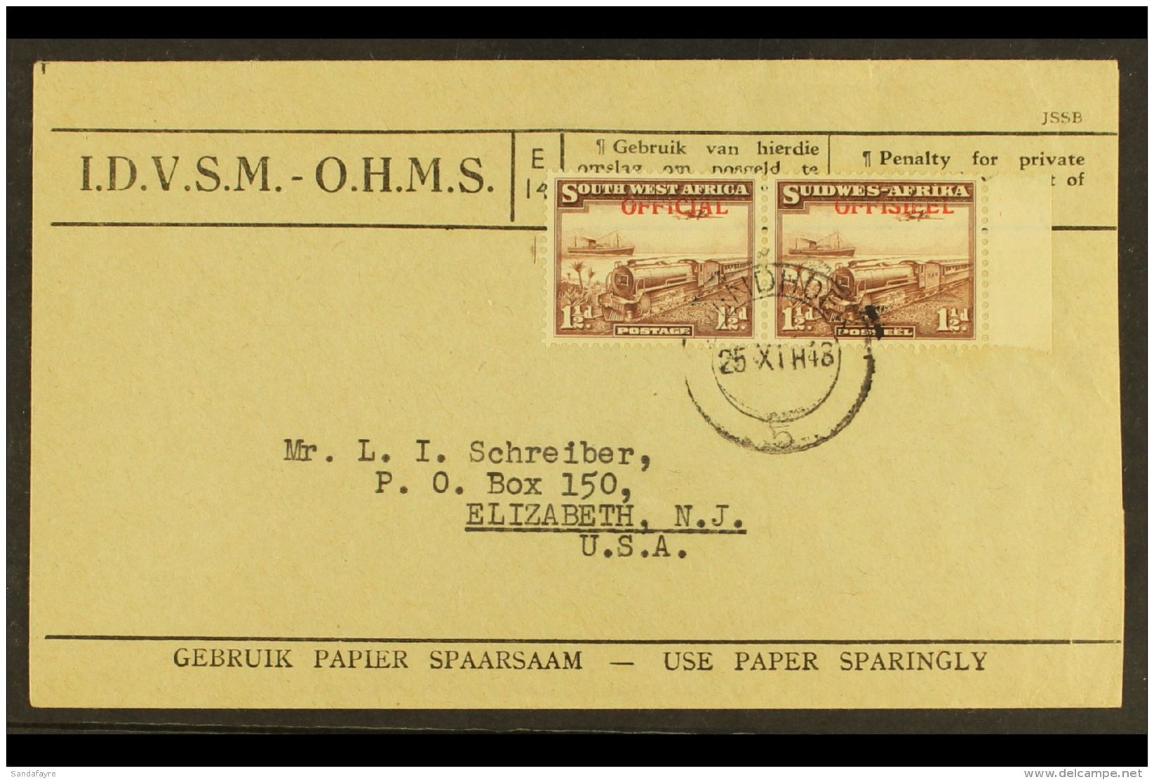 OFFICIALS 1945 - 50 1&frac12;d Purple Brown, SG O20, Bi-lingual Pair Superb Used On OHMS Cover To USA. Rare... - South West Africa (1923-1990)