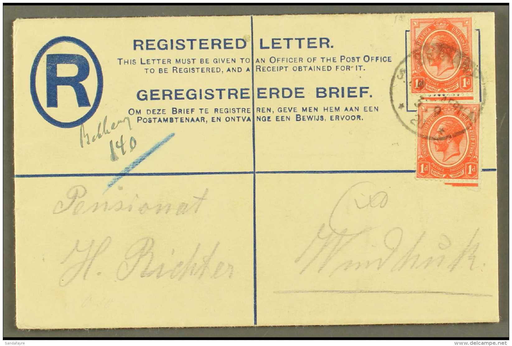 1920 (3 Sep) 4d Registered Envelope To Windhuk Uprated With 1d Union X2 Tied By "BETHANY" Cds Postmark, Putzel... - South West Africa (1923-1990)