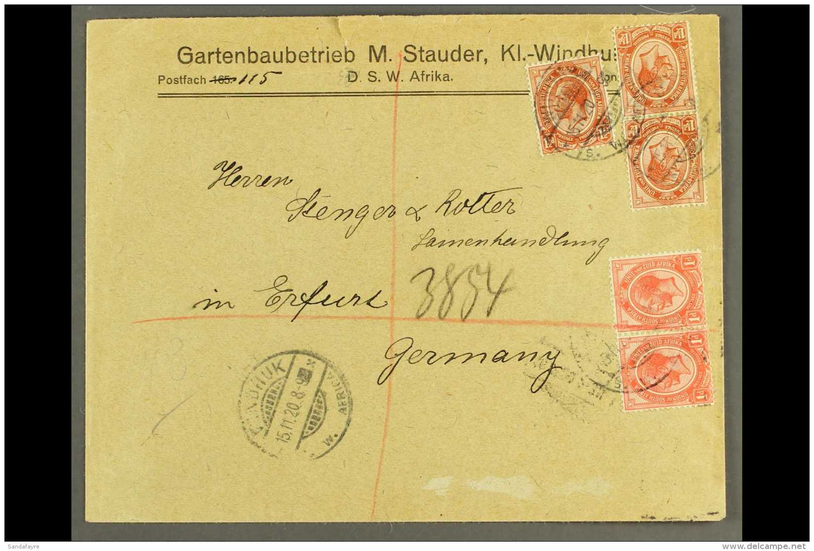 1920 (15 Nov) Printed Env To Germany Bearing 1d Pair And 1&frac12;d X3 Union Stamps Tied By "WINDHUK" Cds Cancels,... - South West Africa (1923-1990)
