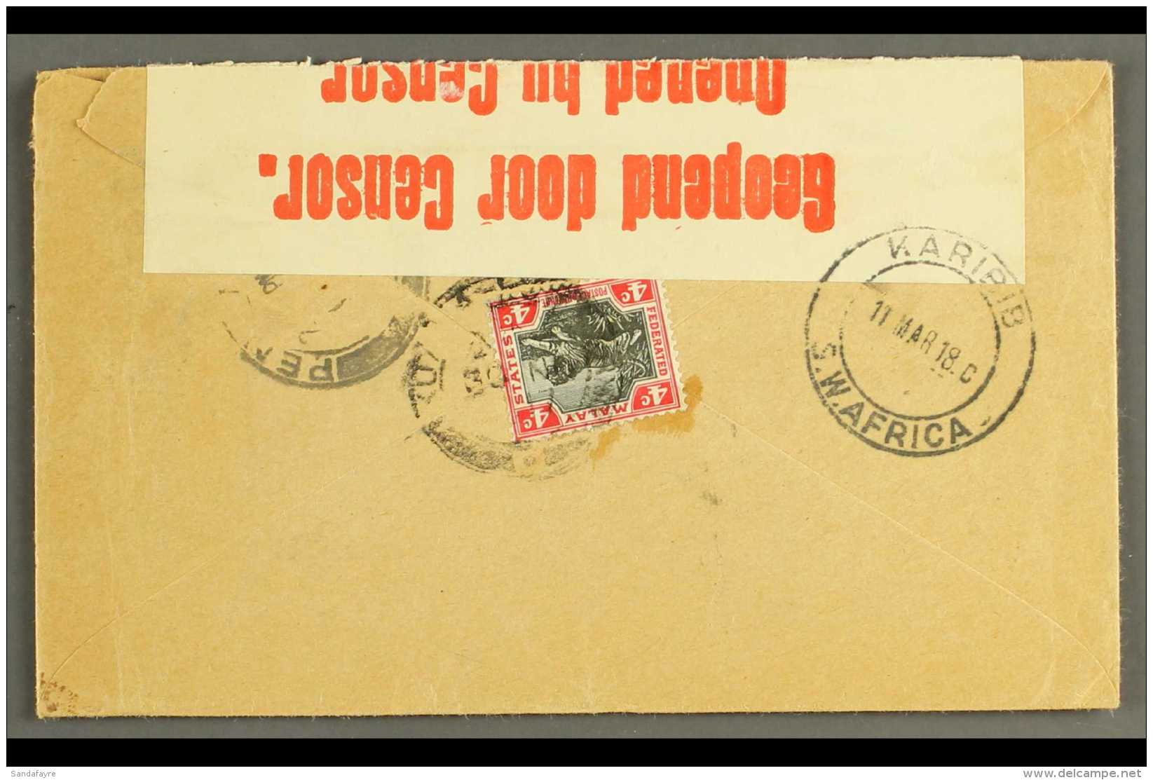 1918 CENSORED COVER FROM MALAYA 1918 (11 Mar) "Herbert Busch" Cover From Kuala Lumpur To Karibib, Bearing On The... - South West Africa (1923-1990)