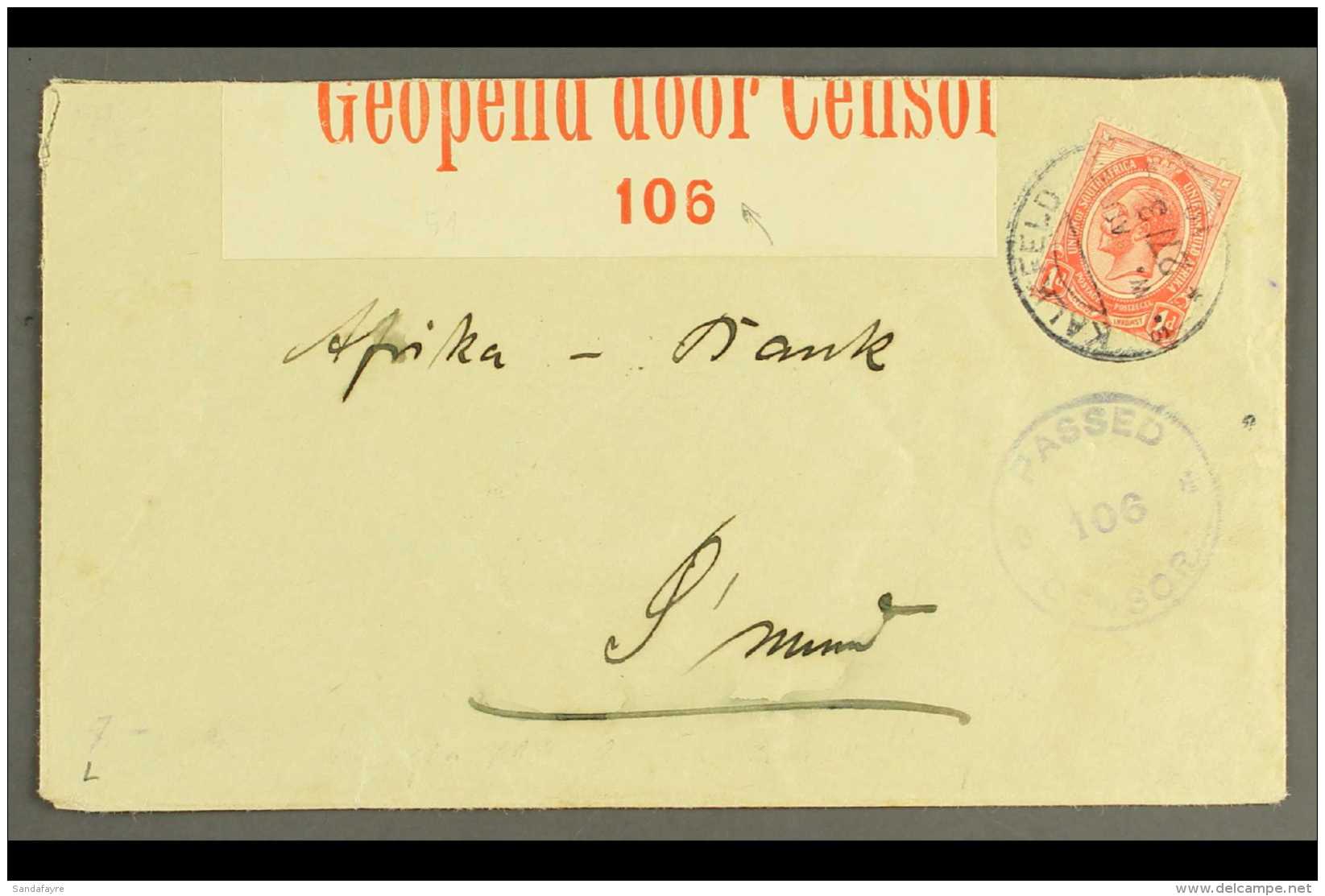 1918 (27 Mar) Env To Swakopmund Bearing 1d Union Tied By Fine "KALKFELD" Cds Cancel, Putzel Type B2 Oc, With... - South West Africa (1923-1990)