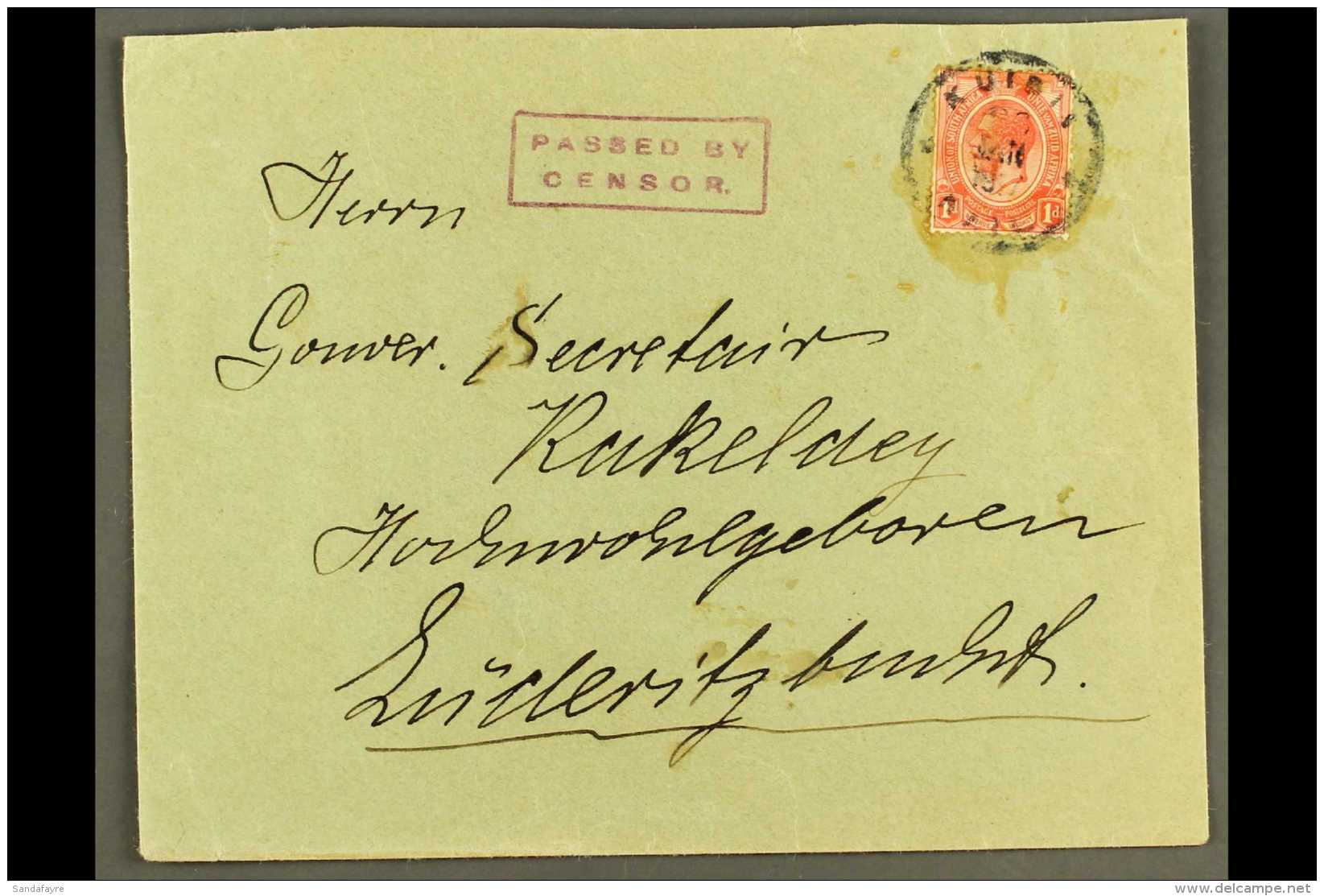 1917 (26 Jan) Cover To Luderitzbucht Bearing Glued Down 1d Union Stamp Tied By "KUIBIS / RAIL" Rubber Cds Cancel,... - South West Africa (1923-1990)