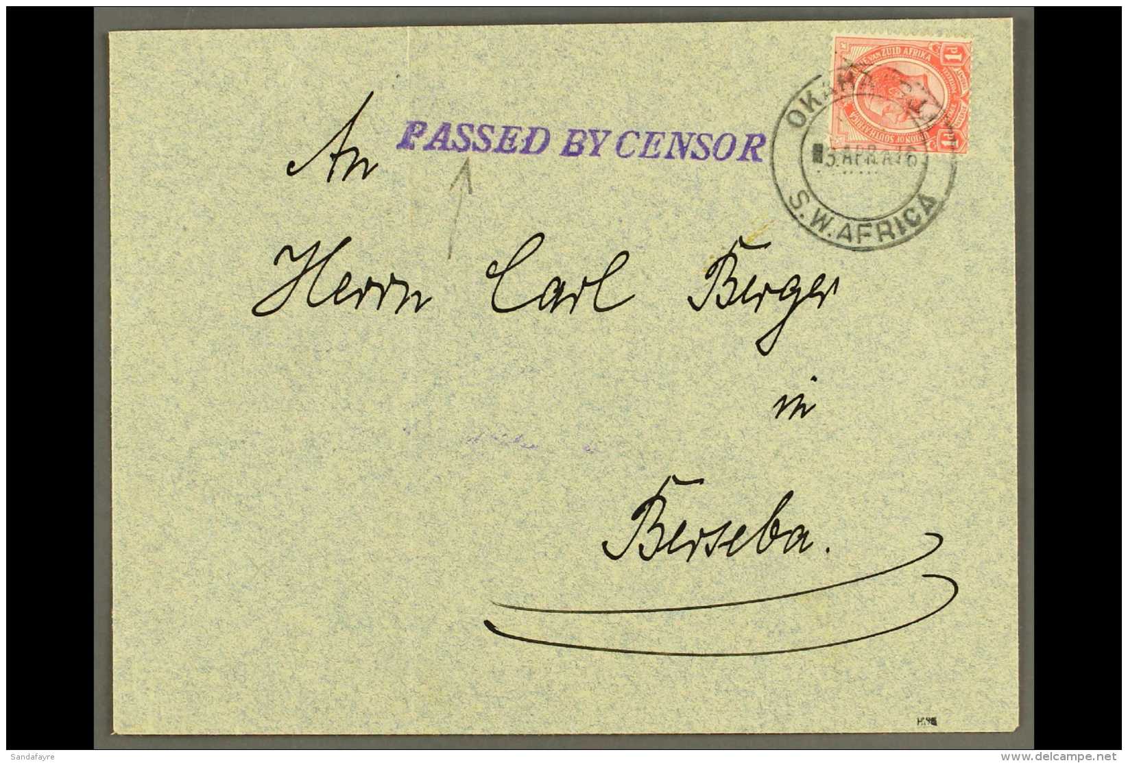 1916 (3 Apr) Cover To Berseba Bearing 1d Union Stamp Tied By Fine "OKAHANDJA / S.W. AFRICA" Cds Postmark, Putzel... - South West Africa (1923-1990)