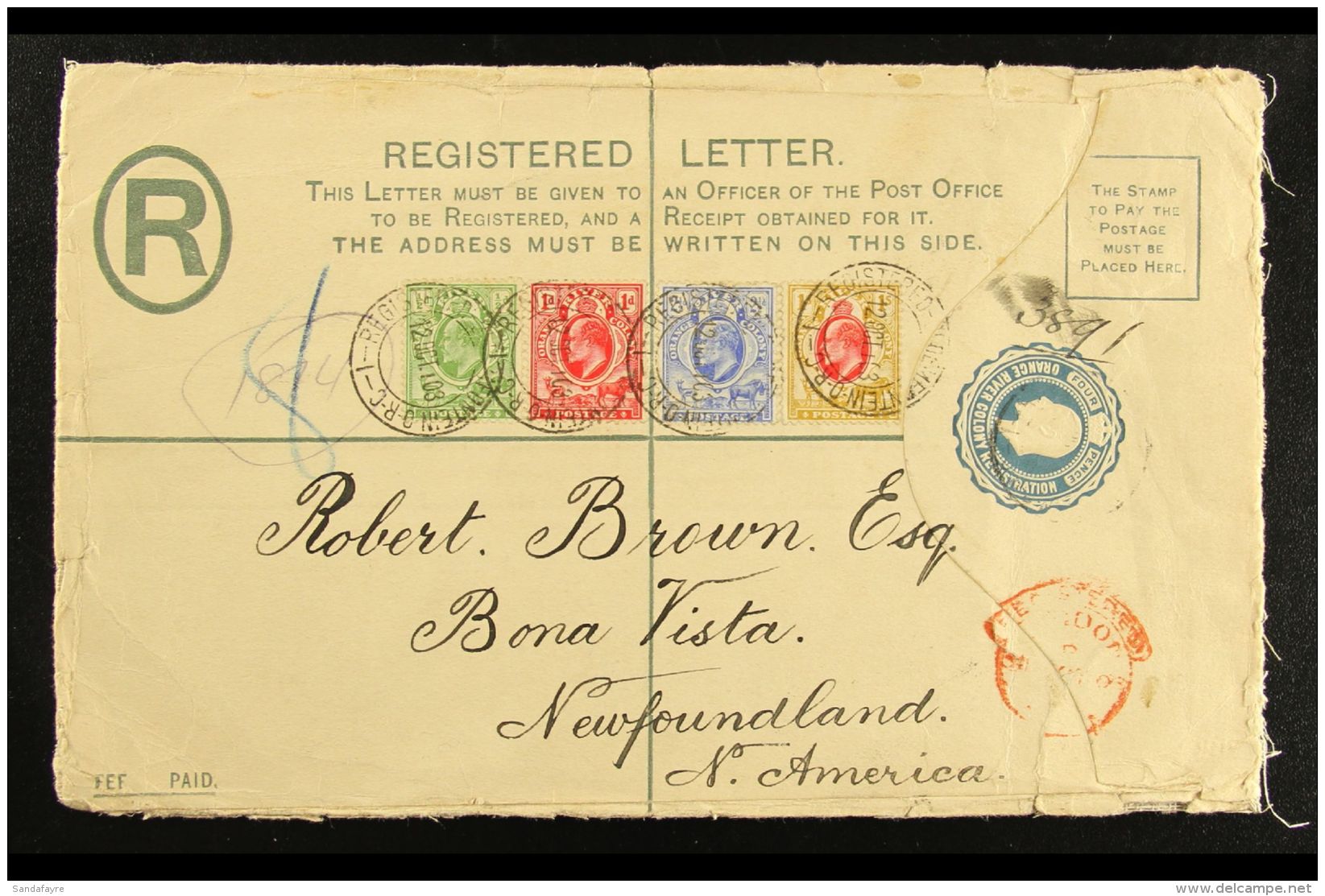 ORANGE RIVER COLONY 1903 (12 Oct) Postal Stationery 4d Registered Envelope (size 201x127mm), H&amp;G 1, Addressed... - Unclassified
